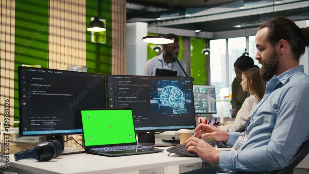 Fototapete admin in office using isolated screen laptop, automating repetitive tasks with ai scripts. it expert