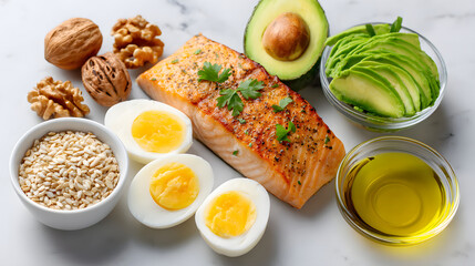 Delicious and healthy keto meal featuring grilled salmon, sliced avocado, boiled eggs, walnuts, and bowl of olive oil, all arranged on marble surface