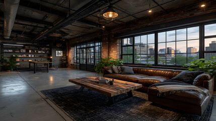 Stylish industrial modern loft interior with exposed brick walls, large windows, and cozy leather sofa. space features wooden coffee table, open shelving, and urban views, creating warm ambiance