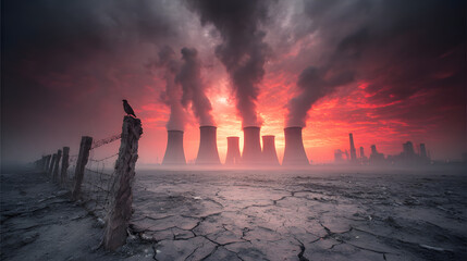 Dramatic industrial skyline at dusk features thick smoke stacks spewing smoke into fiery red sky, with lone bird perched on fence post in foreground