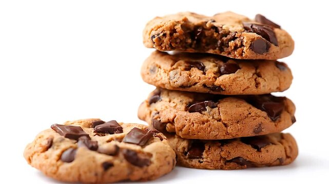 A stack of chocolate chip cookies with a bite taken out of the top cookie on a white background