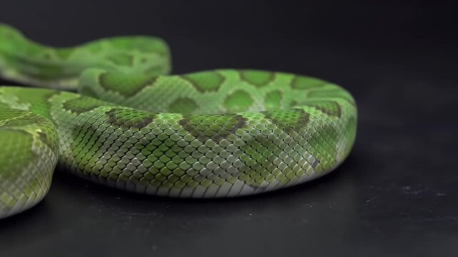 Vibrant Green Tree Python Coiled with Intricate Scale Detail on Dark Background, High Contrast Lighting and Vivid Color