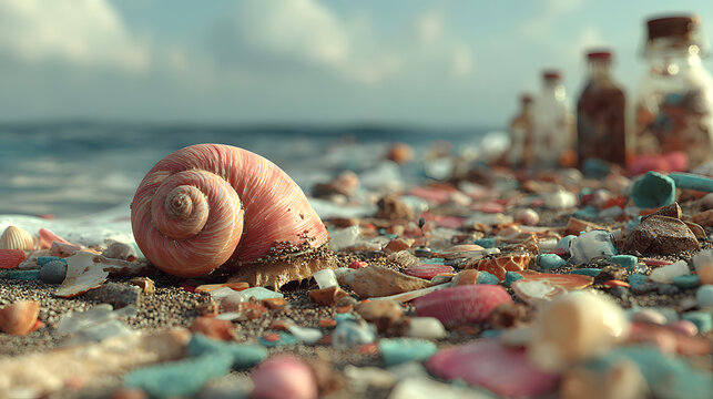 Pink seashell lies on sandy beach surrounded by colorful plastic debris and glass bottles, highlighting environmental pollution. ocean waves are visible in background