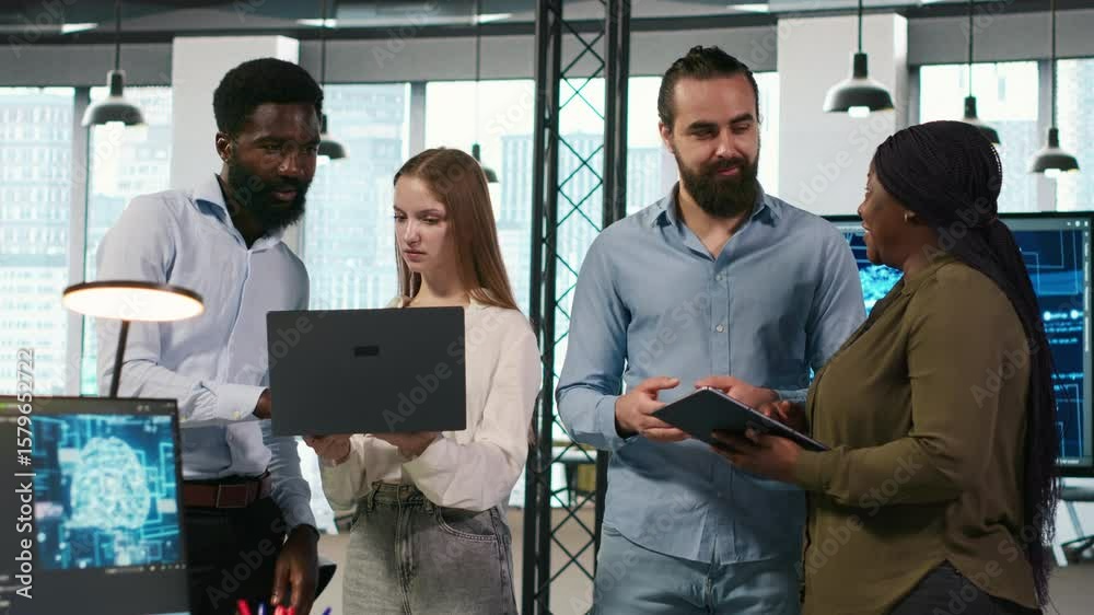 Fototapete Portrait of teamworking programmers in office developing apps using AI automation. Team of smiling IT experts working on devices, debugging applications with artificial intelligence, camera A