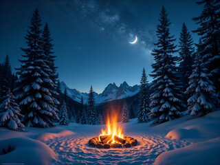 Peaceful winter night with bonfire surrounded by snowy pine trees, calm vibe. Generative AI