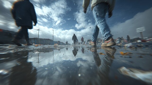 Reflective Puddle Shows a Crowd Walking on a Rainy Day in a Poor Neighborhood - Powered by Adobe