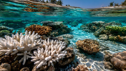 Fototapeta premium Vibrant underwater coral reef is affected by bleaching, showcasing mix of healthy and bleached corals under clear blue water. sunlight creates shimmering effect on ocean floor