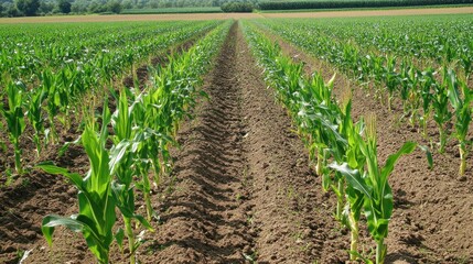 Naklejka premium Corn field rows on a sunny day