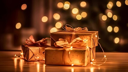 Golden gifts with ribbons and lights creating a warm festive atmosphere for celebration time - Powered by Adobe