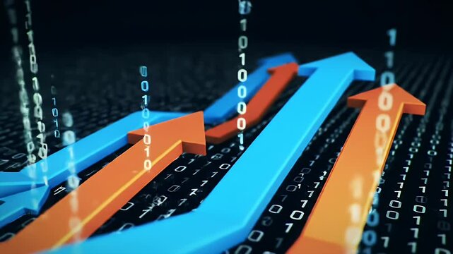 Blue and Orange Arrows Ascending Over Binary Code Displaying Financial Growth