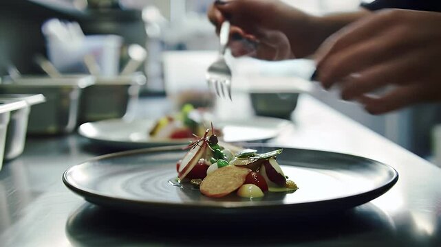 Chef Carefully Arranging Gourmet Salad On Dark Plate with Metal Fork in Brightly Lit Kitchen with Clean Metal