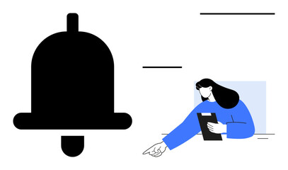 Notification bell beside a woman holding a clipboard while pointing. Ideal for alerts, reminders, productivity tips, task management, organization, communication, digital tools, simple landing page