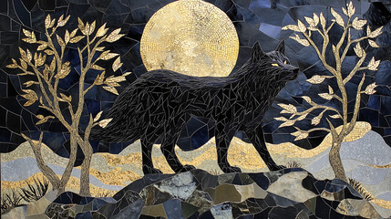 A majestic black wolf standing on a rocky cliff, glowing full moon behind, shimmering mosaic style with gold, silver and sapphire shards, geometric patterns, art deco fantasy background, twisted trees