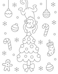 christmas tree and monkey coloring page. ready to print on standard 8.5x11 inch paper.