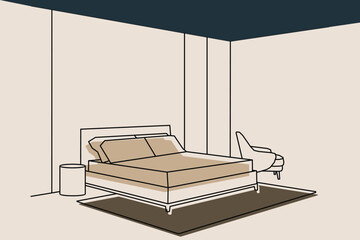 Cozy bedroom linear interior scene with furniture isolated on brown background. Hotel room in line art. Vector illustration.