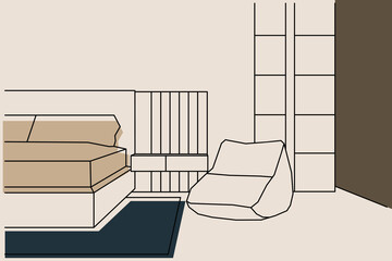 Cozy bedroom linear interior scene with furniture isolated on brown background. Hotel room in line art. Vector illustration.