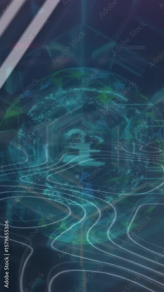 Poster animation of graphs, globe and padlock in circles on circular pattern against abstract background