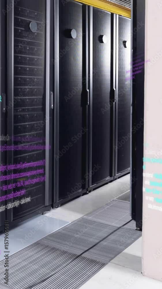 Poster animation of multicolored computer language over data server racks in server room