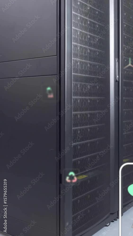 Poster animation of eco icons and data processing over computer servers