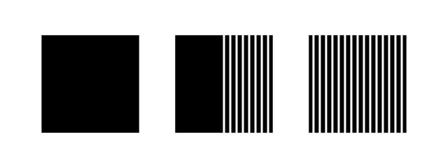 Set of black whole, streaked and half striped square forms isolated on white background. Streaked basic geometric shapes. Minimalistic geometric elements. Vector graphic illustration.