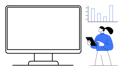 Woman standing with digital tablet analyzing bar chart graphics next to large desktop monitor. Ideal for technology, data science, analytics, business strategy, presentations, remote work, simple