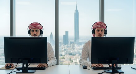 Arab Men Working in Modern Office with Panoramic City View