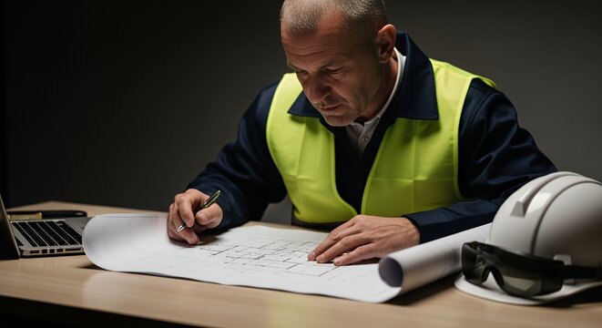 Nighttime Blueprint Review: Construction Engineer Working Late