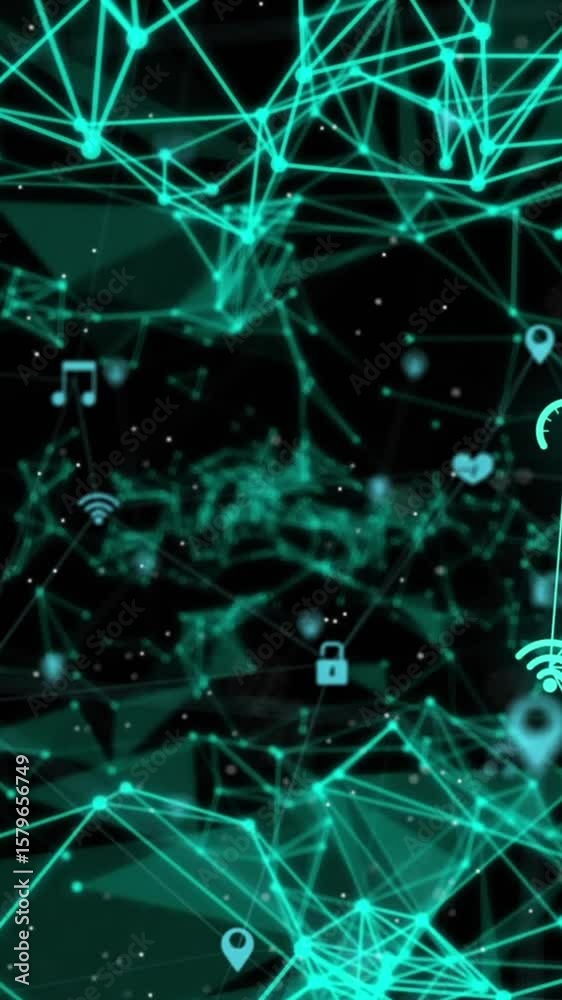 Poster animation of glowing network of digital icons and plexus networks against black background