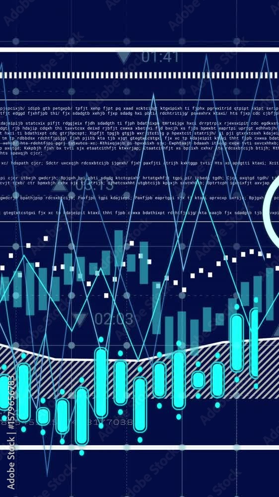 Poster animation of graphs, loading bar, data over multiple icons against blue background