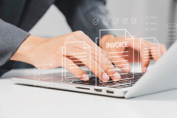 E-Invoice and Digital billing concept, Invoice, Businessman using laptop to manage electronic statements virtual screen. E-tax, Digital receipt, Online invoice processing and tax accounting solutions.