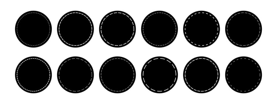Set of circle shapes with dashed border lines. Dotted geometric round figures isolated on white background. Cut here pictograms for sale coupons or price tags. Vector graphic illustration.