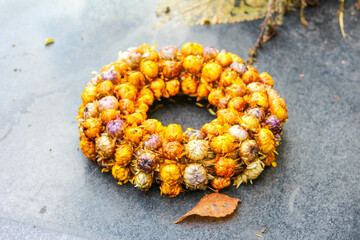 Circular autumn wreath made of golden yellow dried flowers and berries arranged in traditional...
