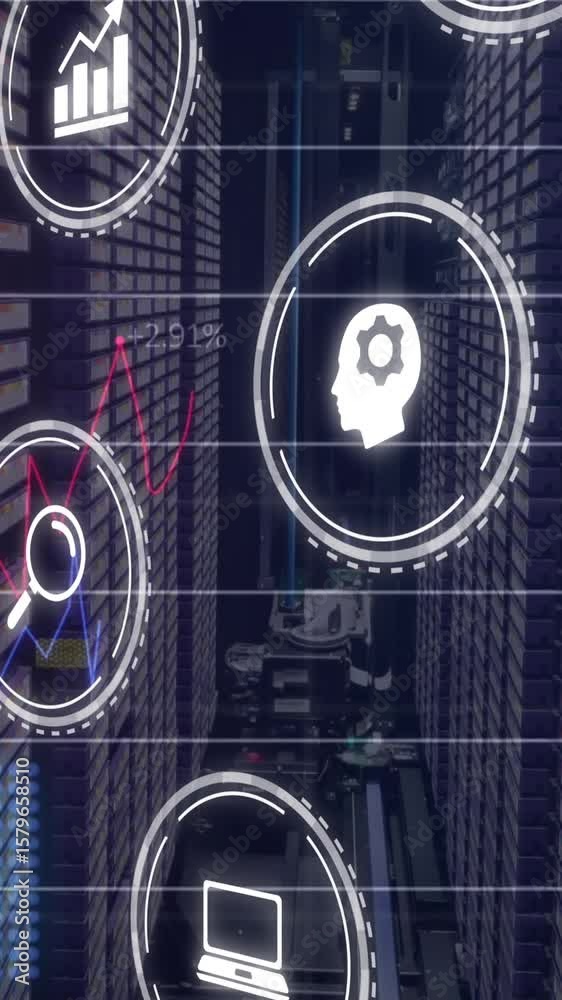 Poster animation of multiple digital icons and statistical data processing against computer server room