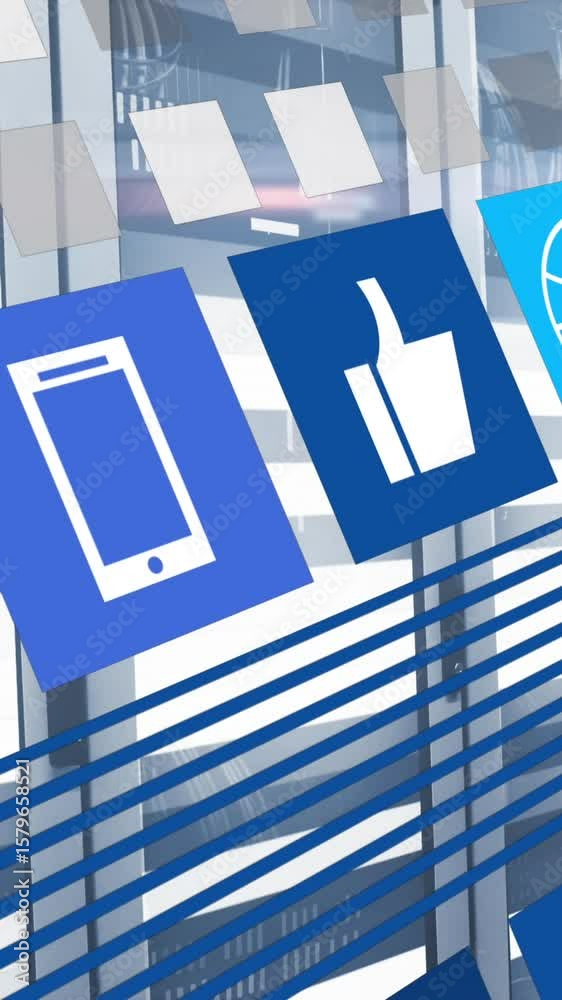 Poster animation of icon in squares over moving bars on data server racks in server room