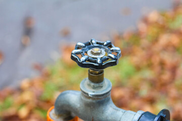 Ornate vintage cemetery water faucet with decorative star-shaped handle among autumn foliage...
