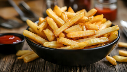 Potato French Fries in Bowl on the Kitchen Table