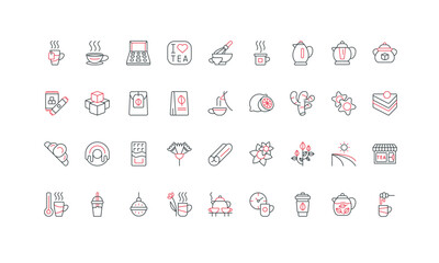 Tea time, green and black, matcha and bubble tea cup, pot and kettle, food snack line icon set. Morning traditional drink mug for energy and break, candy thin black and red symbols vector illustration