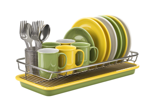 A dish rack with yellow and green elements holding cutlery, plates, and mugs isolated on a transparent background