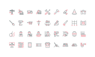 Construction site works, builders and engineer equipment, tools to build and repair house line icon set. Brick wall and foundation, welding, demolition thin black and red symbols vector illustration