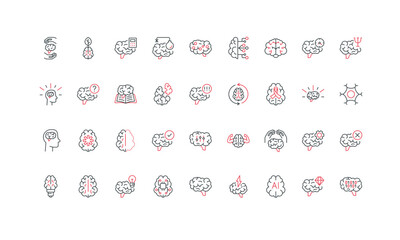 Fototapeta premium Brain, creative and eco mindset, training and neurology, Alzheimer disease line icon set. Nervous system cell, mental health, smart ideas thin black and red outline symbols vector illustration