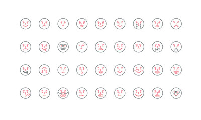 Emoji, positive or negative, neutral facial expressions of emoticon with funny face line icon set. Happy and sad, grimacing and cheerful, upset emoji thin black and red symbols vector illustration
