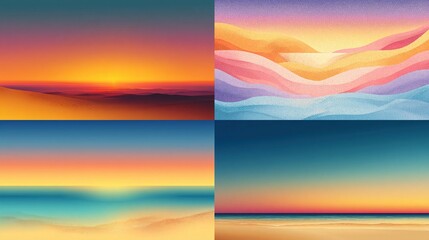Four square compositions present colorful sunset and sunrise landscapes featuring sky, sea, and land gradients