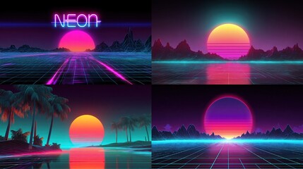 Four vibrant, retro-futuristic landscapes feature neon colors, sunsets, and reflective surfaces