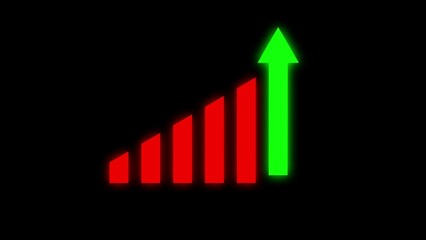 A graphic illustration of an upward trending financial chart with a rising green arrow against a solid black background representing growth and success.