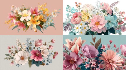 Four floral arrangements in a painterly style. Each features a variety of flowers in soft pastel colors