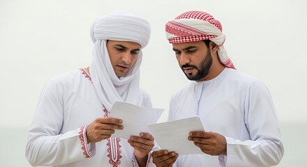 Two Men in Traditional Arab Clothing Reviewing Documents