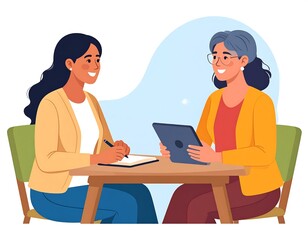 Two women meeting at a table