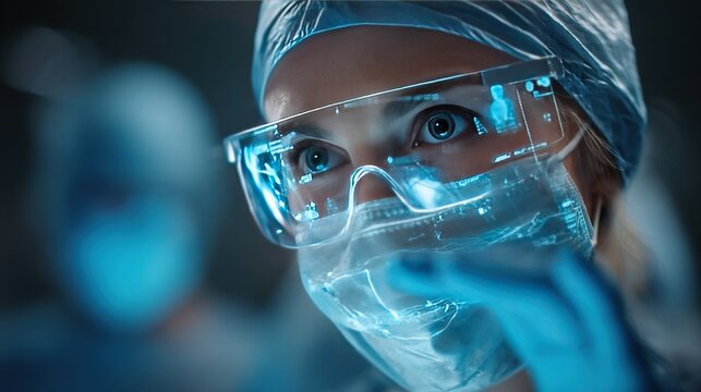 In close-up shots, skilled surgeons use advanced transparent touch screens during complex operations, combined with augmented reality anatomical projections to achieve precision medicine.
