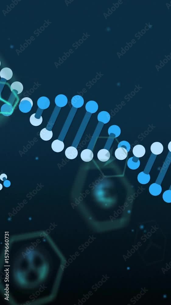 Poster dna strand and hexagonal shapes, scientific data processing animation