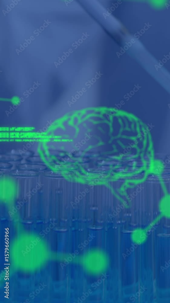 Poster animation of data processing over scientist with test tubes in lab